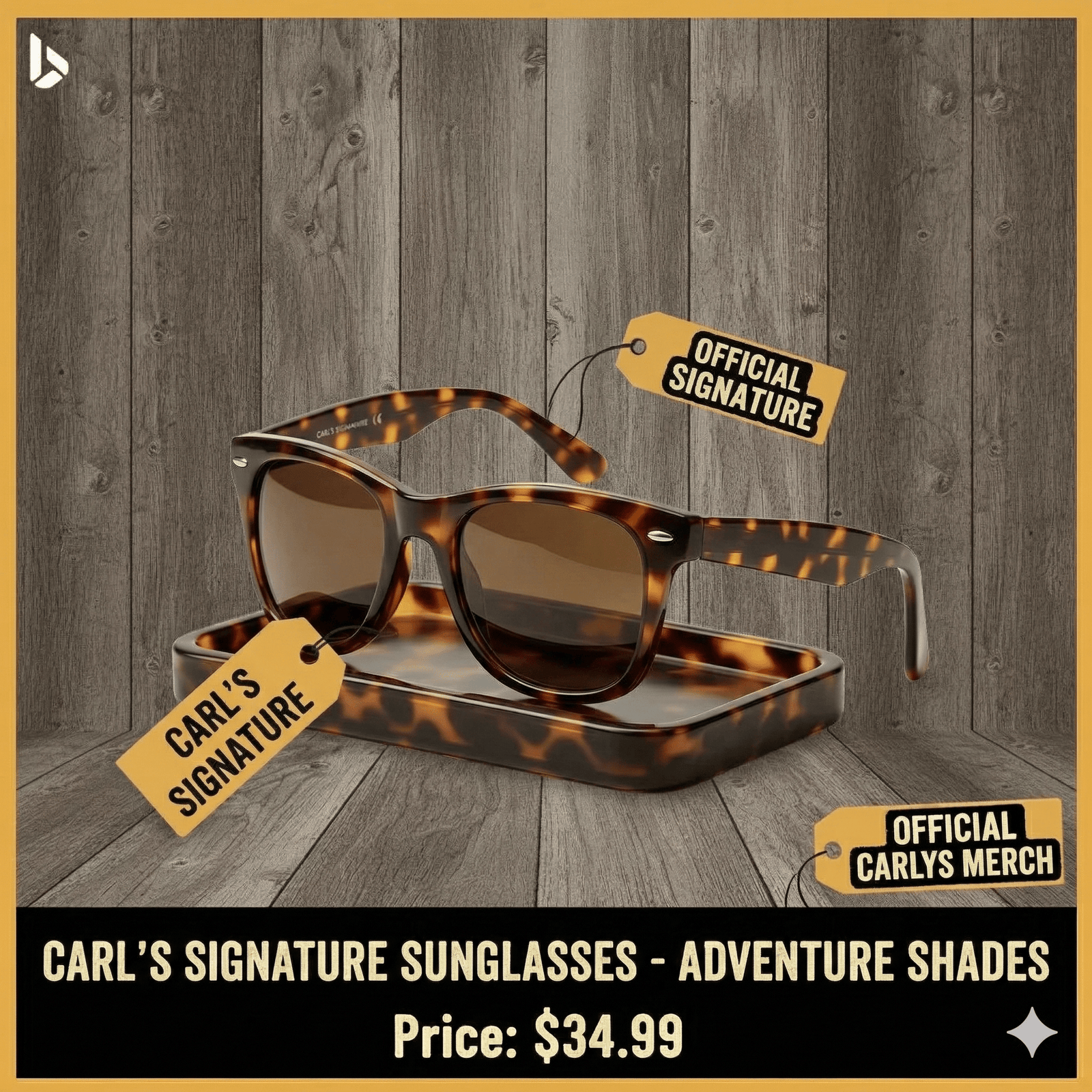 Carl's Signature tortoiseshell sunglasses on a wooden backdrop, Official Carl's Merch tags